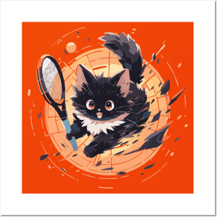 Energetic fluffy cat playing tennis (bold) Posters and Art